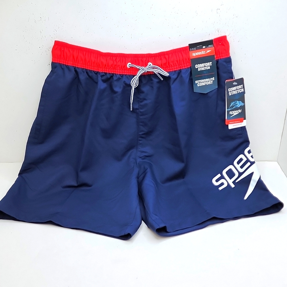 SPEEDO SWIMMING TRUNKS RED BLUE WITH WHITE LOGO, MEDIUM SIZE